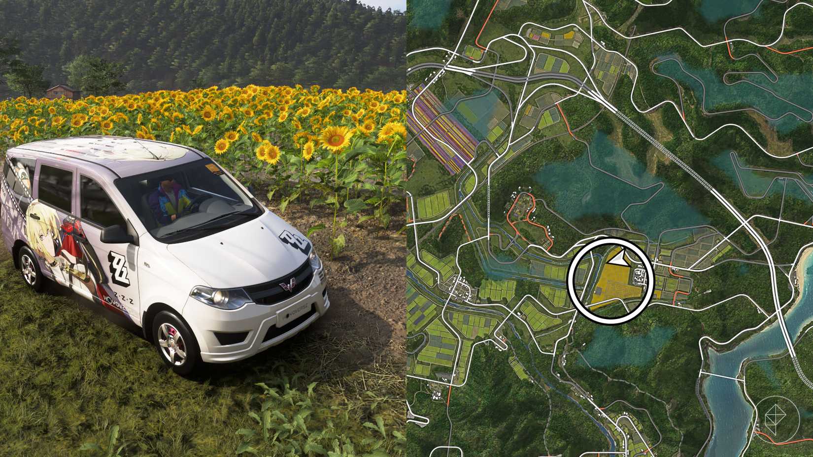 A Forza Horizon 6 montage showing the location where you can find the Hokuryu Sunflower Farm