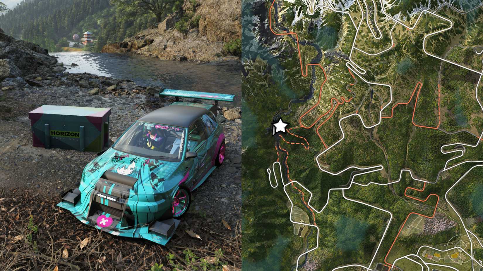 A montage with two Forza Horizon 6 pictures showing the location of the Series 3 "Italian Exotic" spring treasure hunt