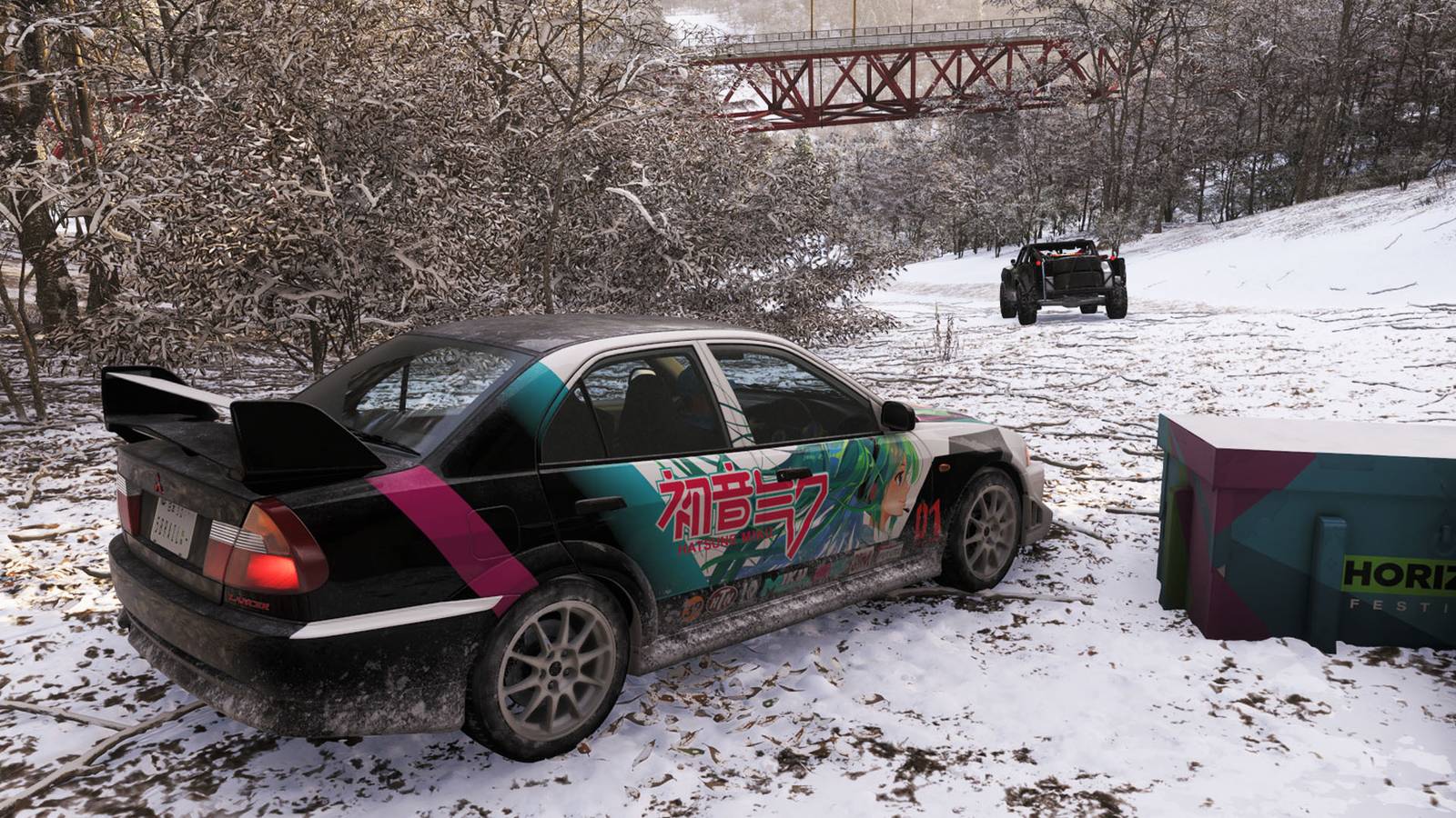 A car with a Hatsune Miku design beside a box in Forza Horizon 6.