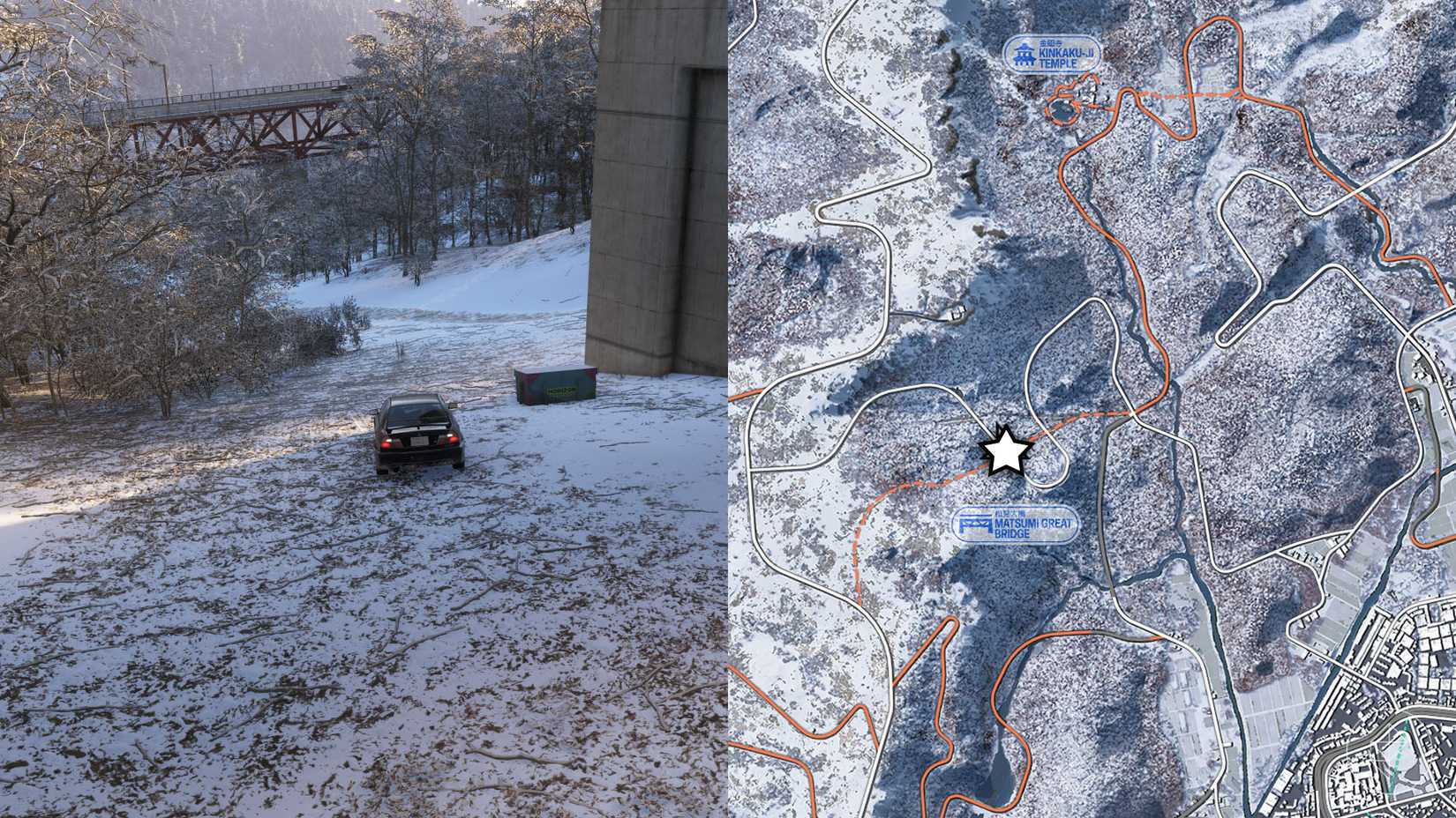 A montage with two Forza Horizon 6 pictures showing the location of the Series 4 winter treasure hunt