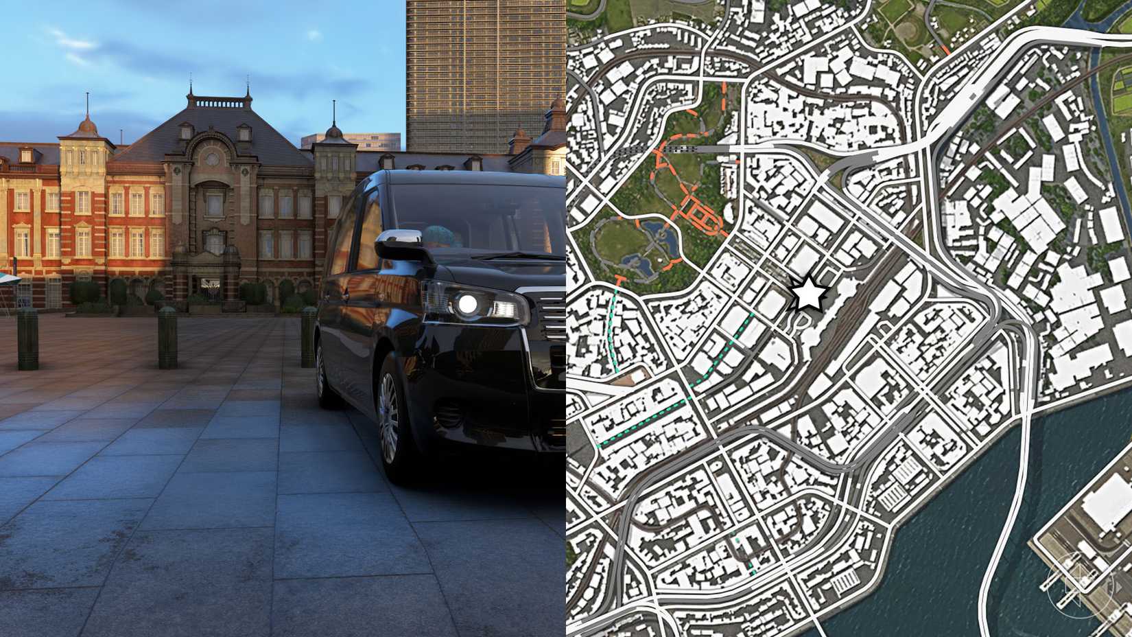 A montage using two Forza Horizon 6 screenshots showing the location of the Tokyo Central Railway Station