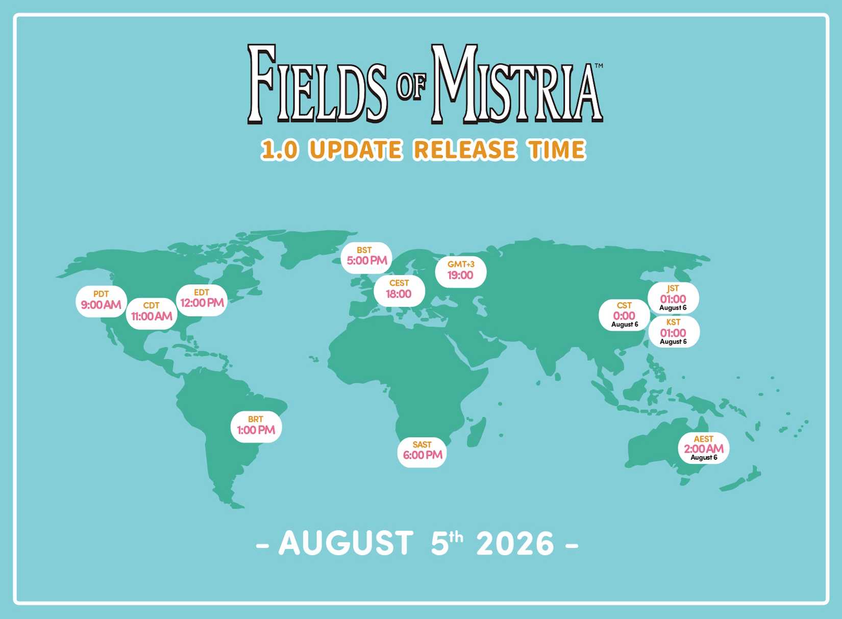 Bản đồ hiển thị thời gian ra mắt Fields of Mistria trên toàn thế giới