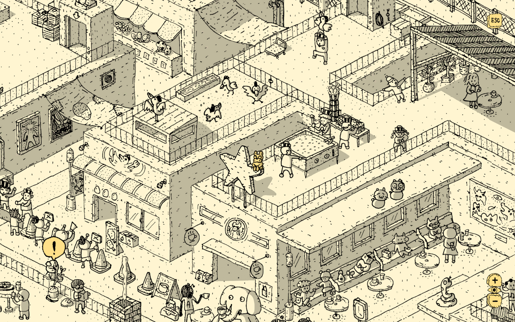 Finding Polka screenshot showing a hand-drawn, ball-point pen world that's like a page from a Where's Waldo book