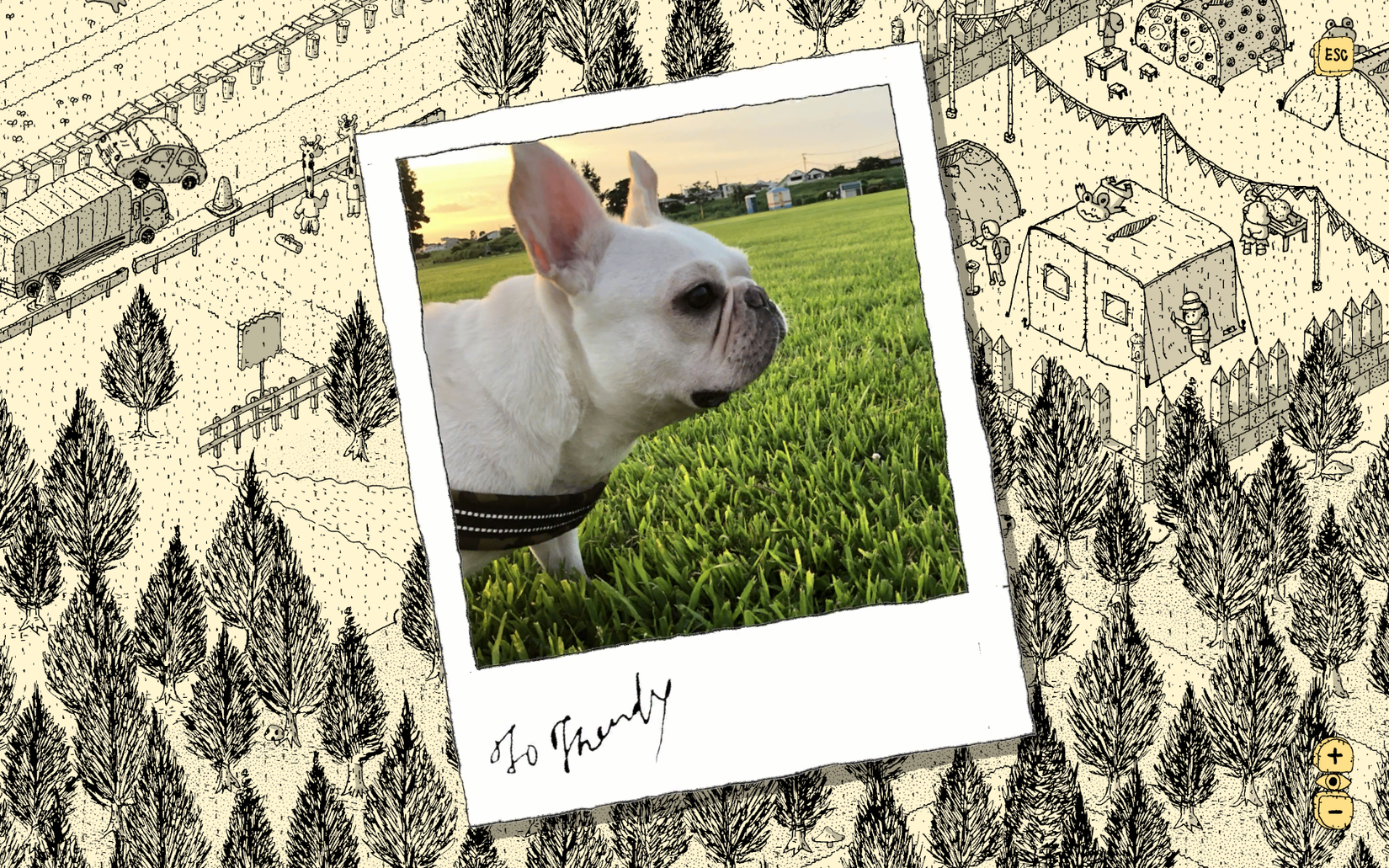 Finding Polka screenshot showing a hand-drawn, ball-point pen world that's like a page from a Where's Waldo book and a polaroid picture of a French bulldog