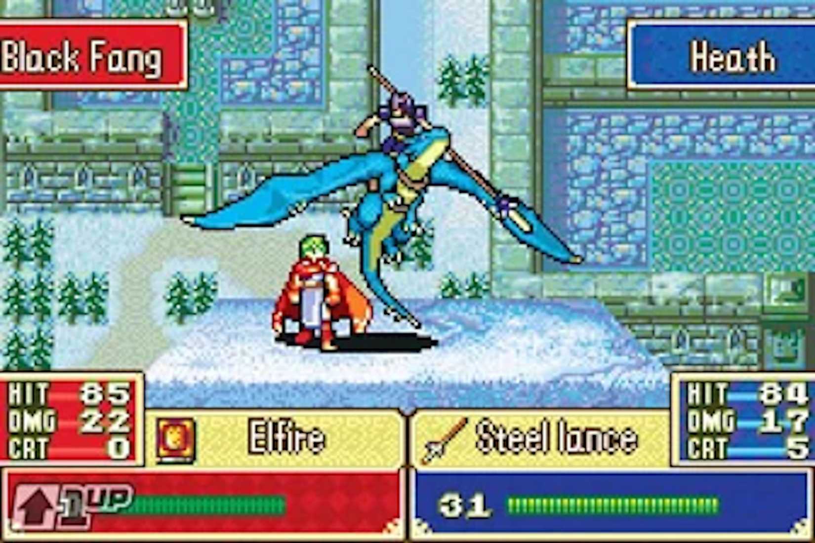 Heath the wyvern rider attacking an enemy sage in Fire Emblem