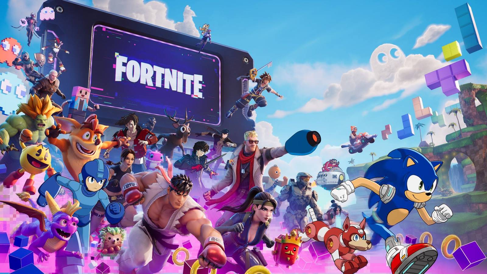 video game characters come together in fortnite override