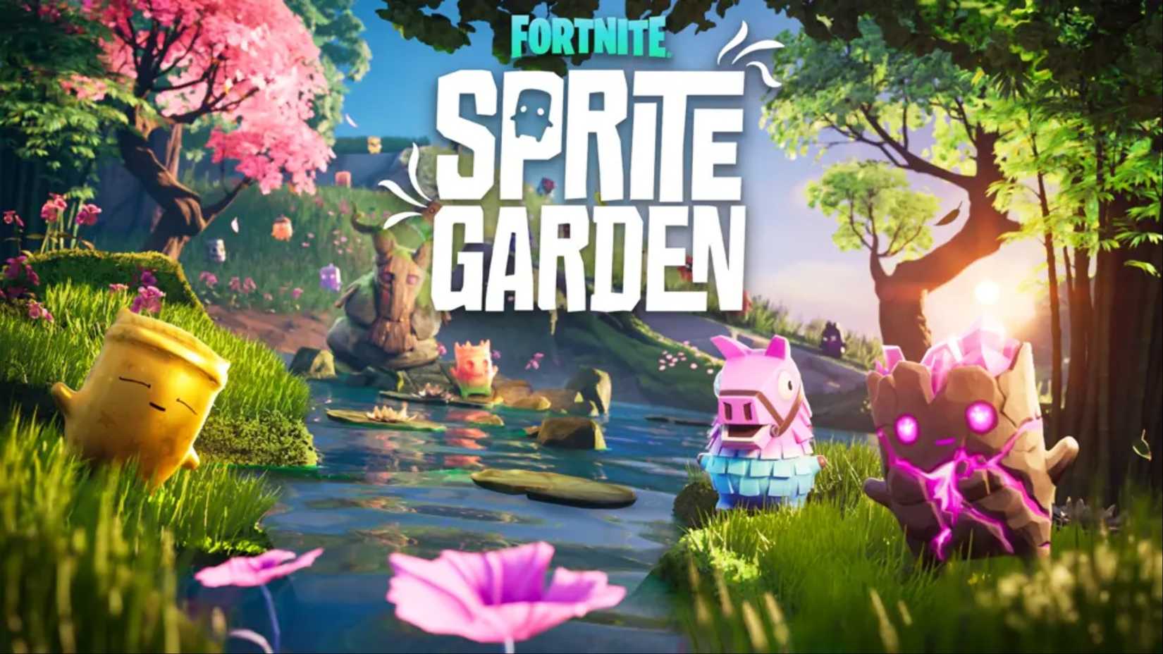 promotional picture for the sprite garden island featuring fortnite sprites and a beautiful scenary