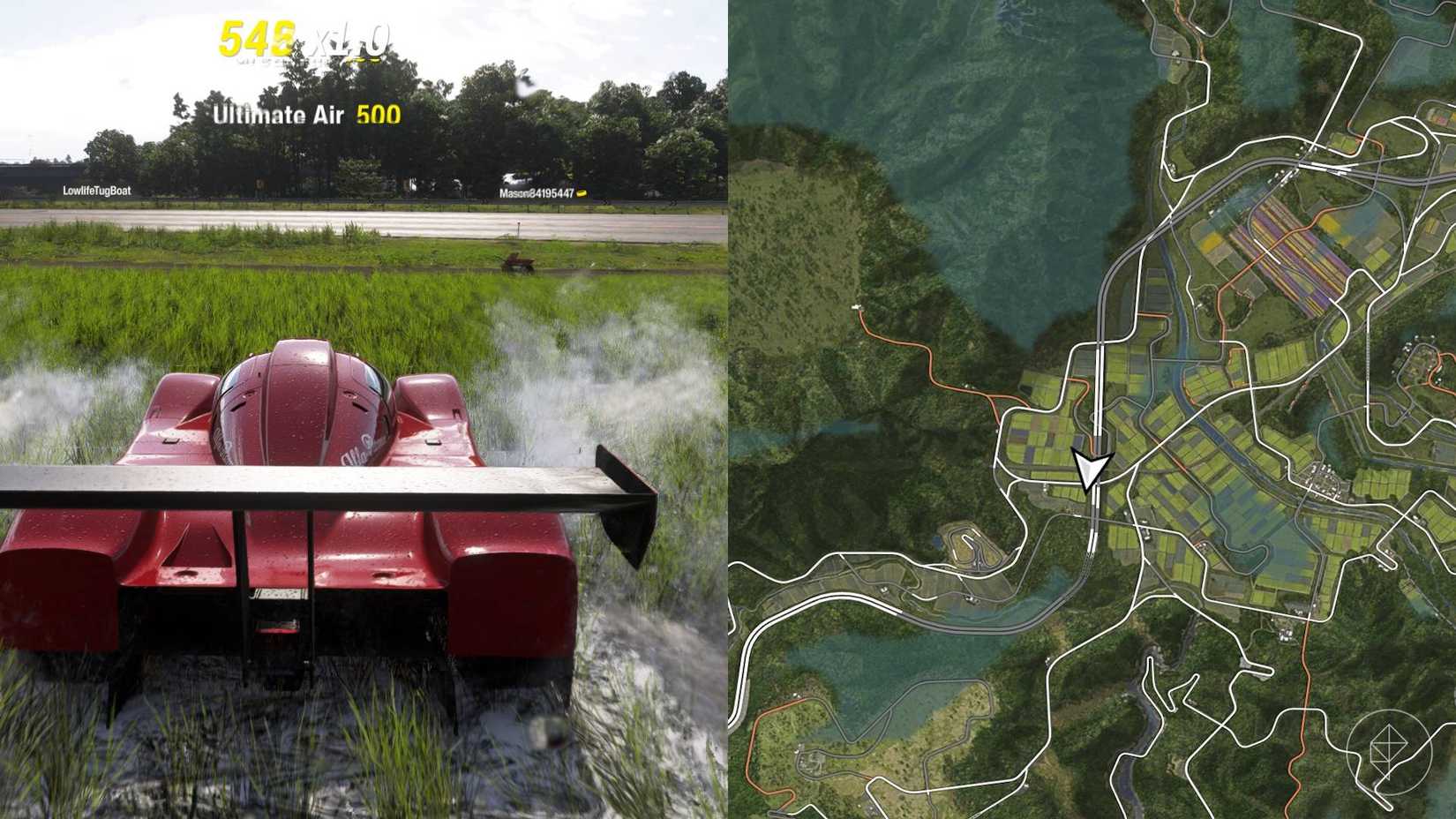 An Alfa Romeo in Forza Horizon 6, fresh off an air skill in a rice paddy