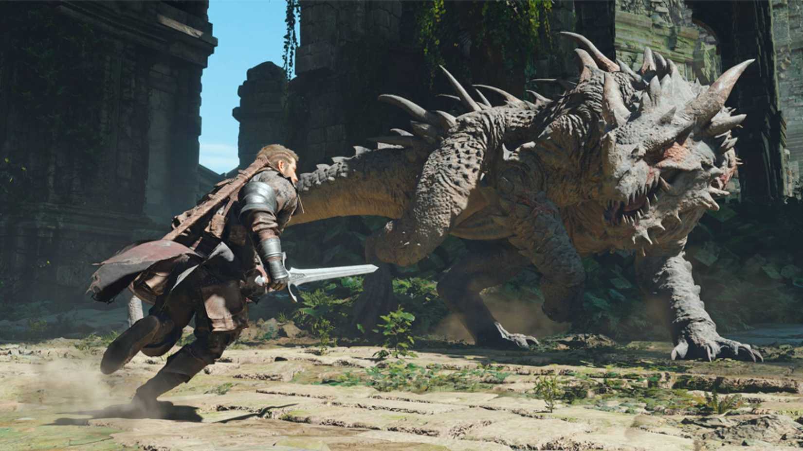 A soldier running with a sword to fight a huge lizard in Project Awakening.