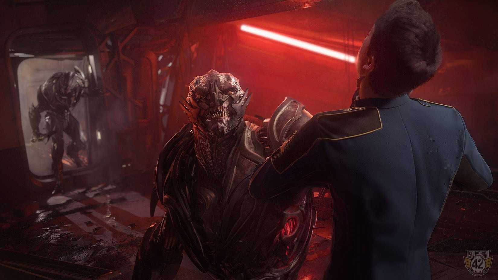 An alien holding a human by the neck while another alien enters through a door in the background in Squadron 42.