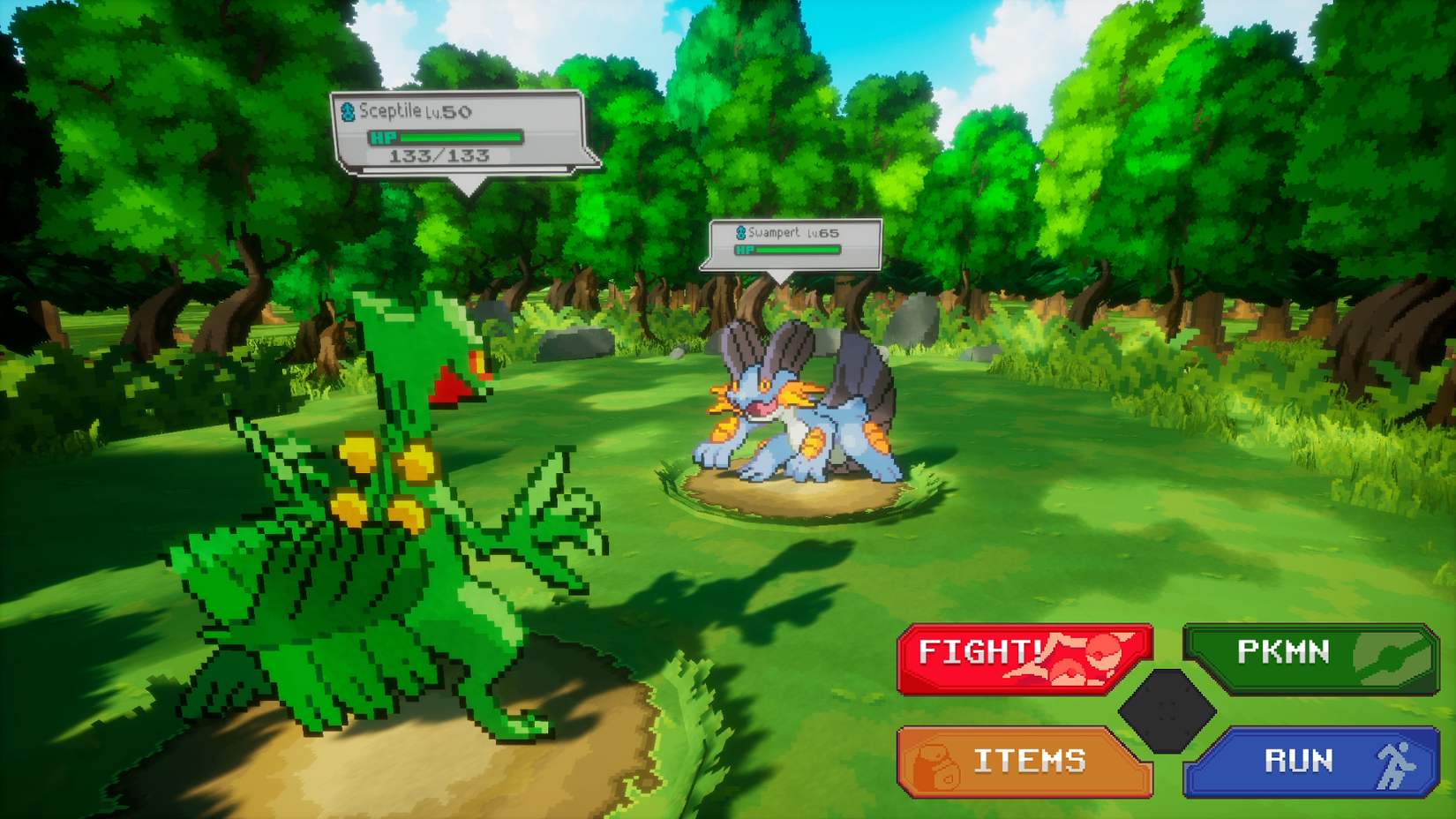 A battle inside Gamma Emerald, a fan remake of the classic Pokemon game released 21 years ago for the GBA. It depicts two starters duking it out on a 3D battlefield. 