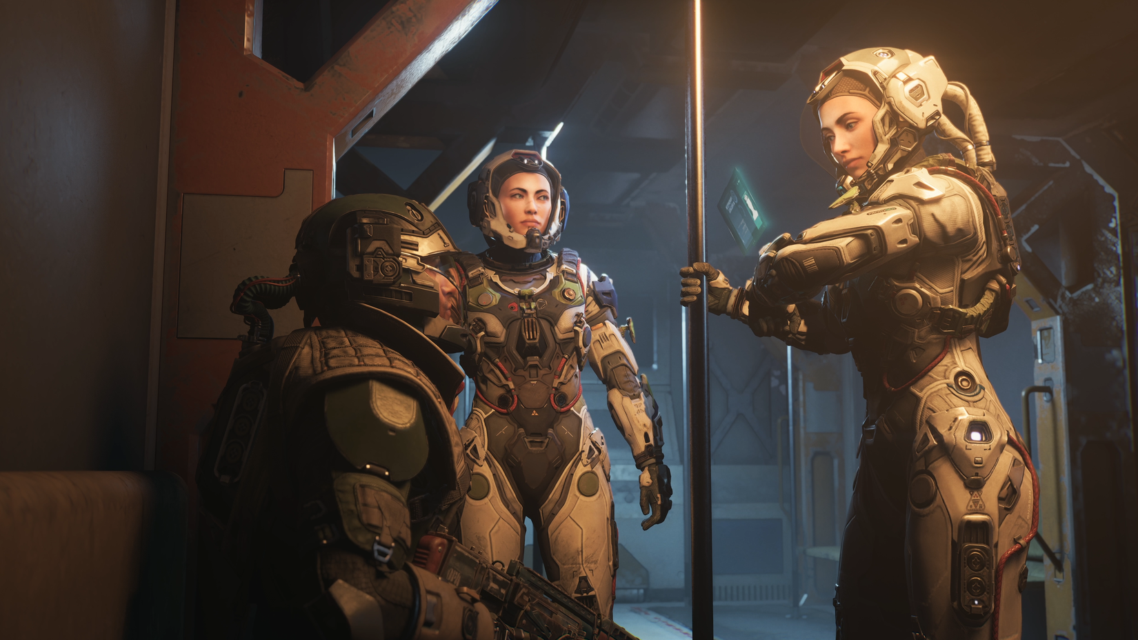 Three characters chat on a tram in The Expanse: Osiris Reborn