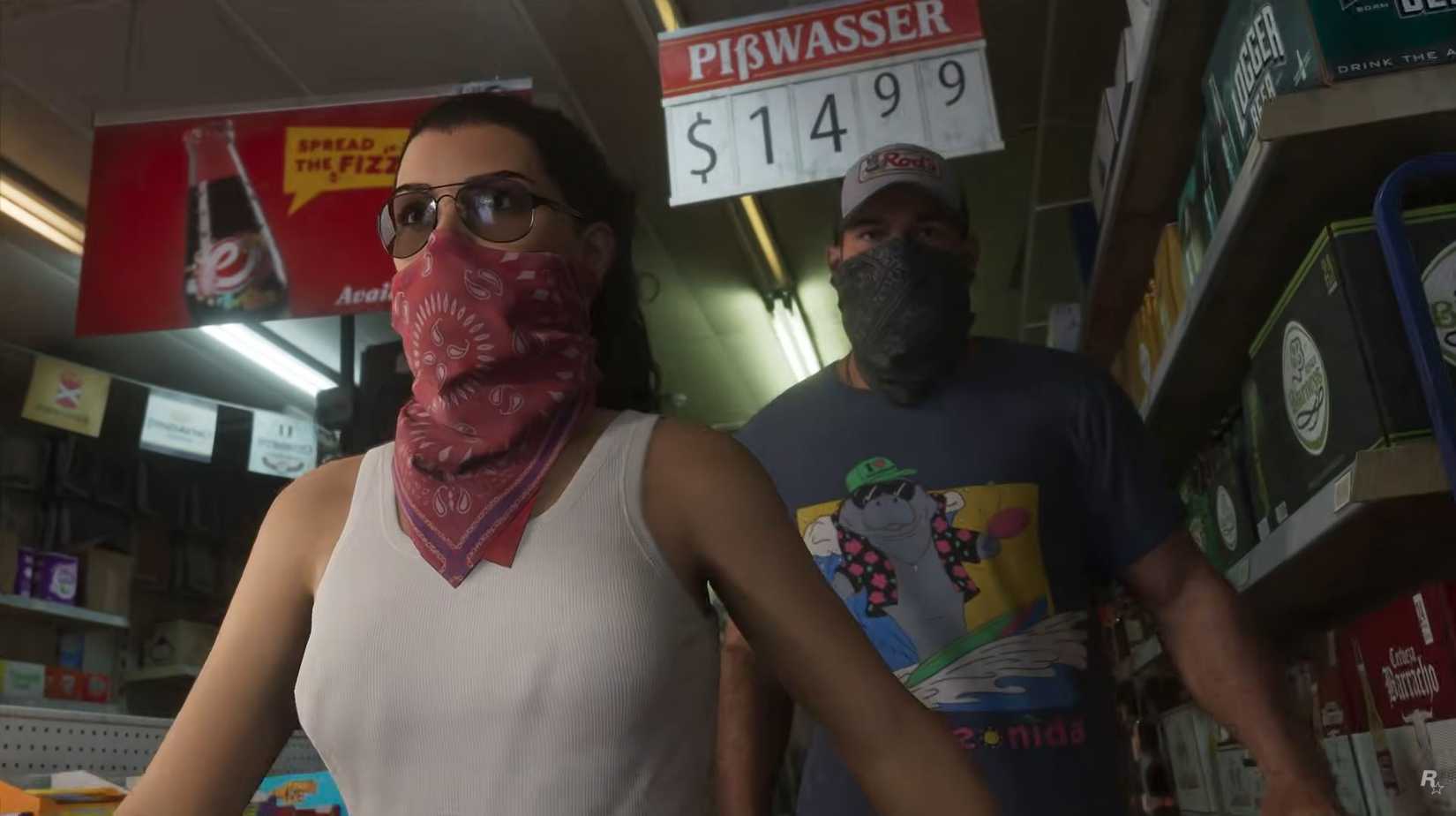 Jason and Lucia from GTA 6 face the camera as the duo commits a robbery.