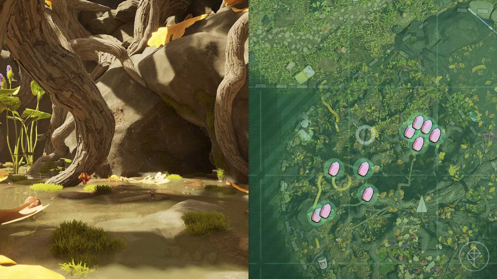 A split image showing where to find phantom quartz in Grounded 2