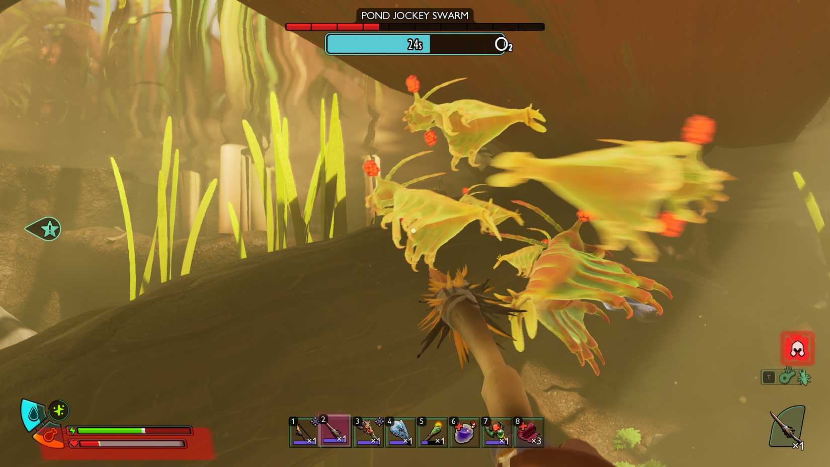 Willow attacking a pond jockey swarm in Grounded 2