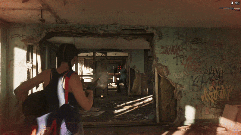 Lucia Caminos holds and shoots a shotgun with a single arm while carrying a bounty.