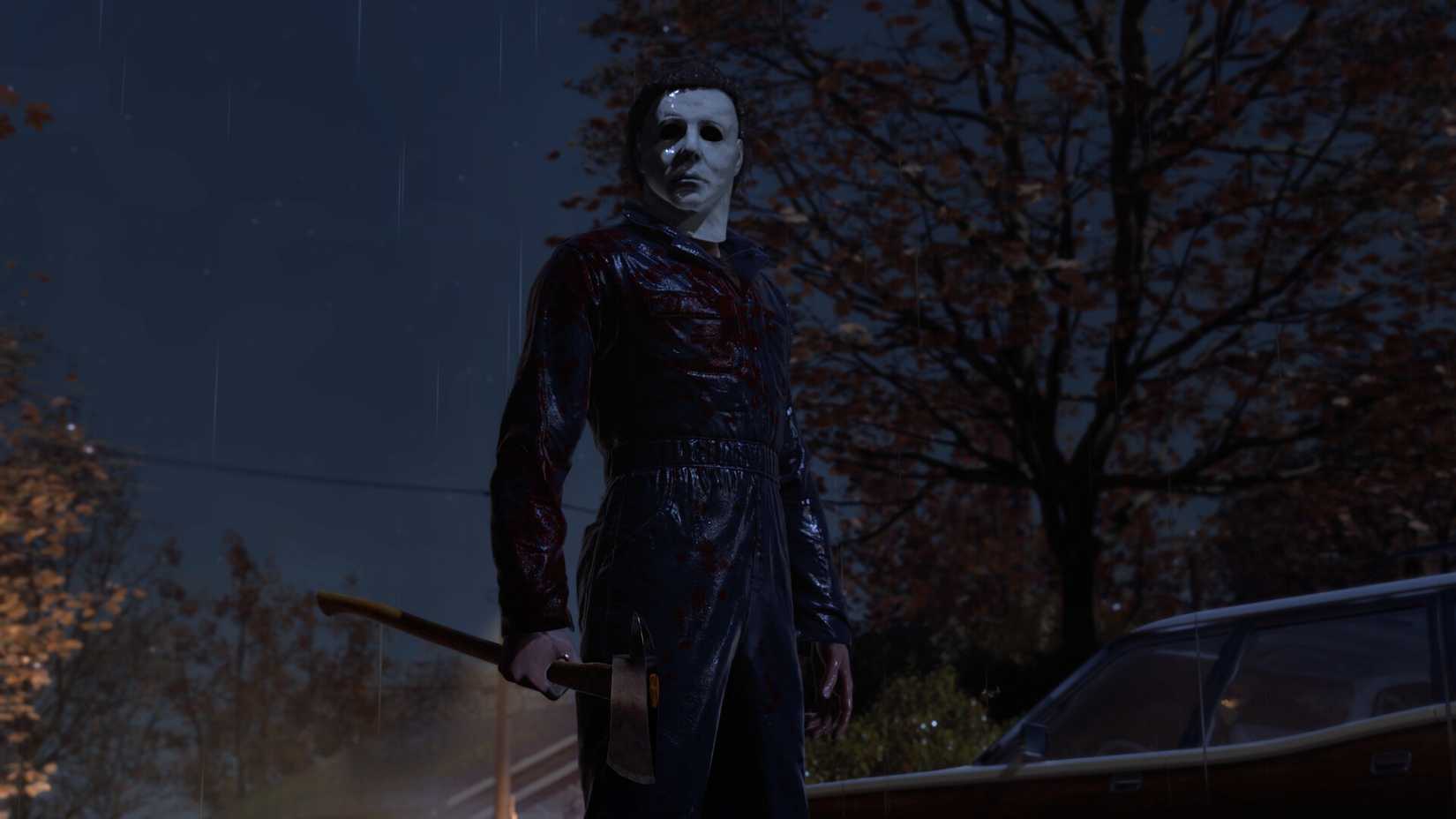 michael myers standing in the street with an axe