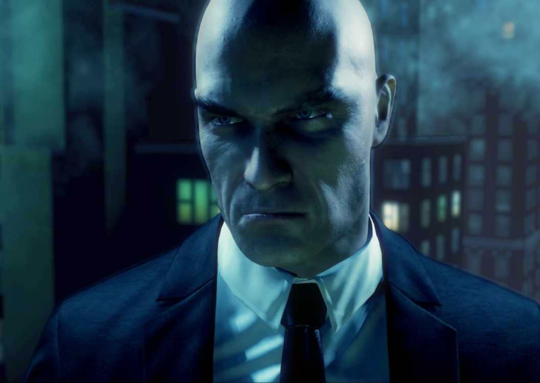 close up of agent 47 in dark city