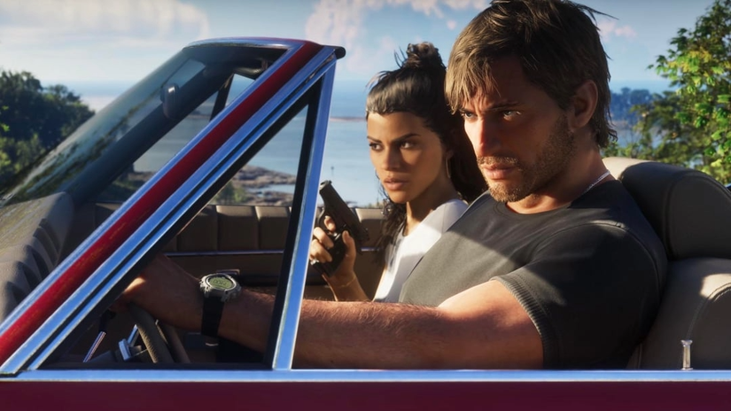 Jason and Lucia drive around in a red car.