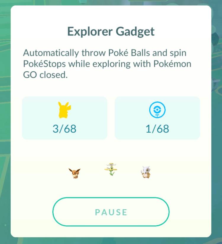 A screenshot showing one PokéStop spun and three Pokémon caught by Pokémon Go's Explorer Gadget.