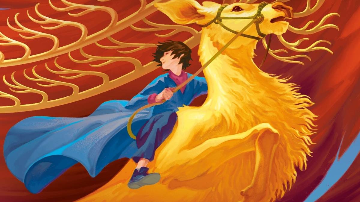 Christopher rides a giant hind on the cover of The Neverfear