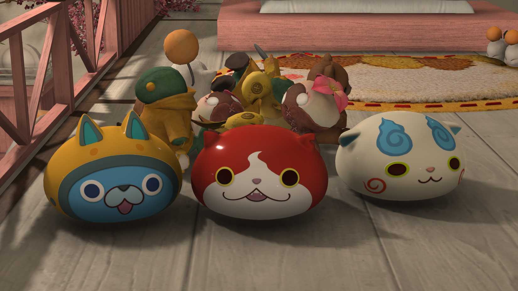 Three round decorations of Yokai-Watch characters in FFXIV