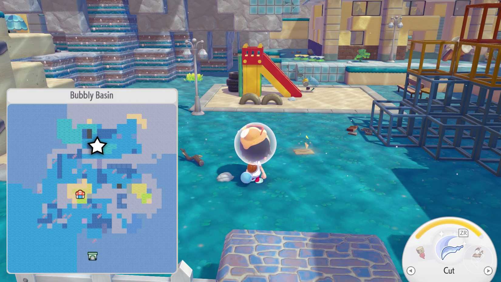 A Ditto looks at a letter on the ground around a playground