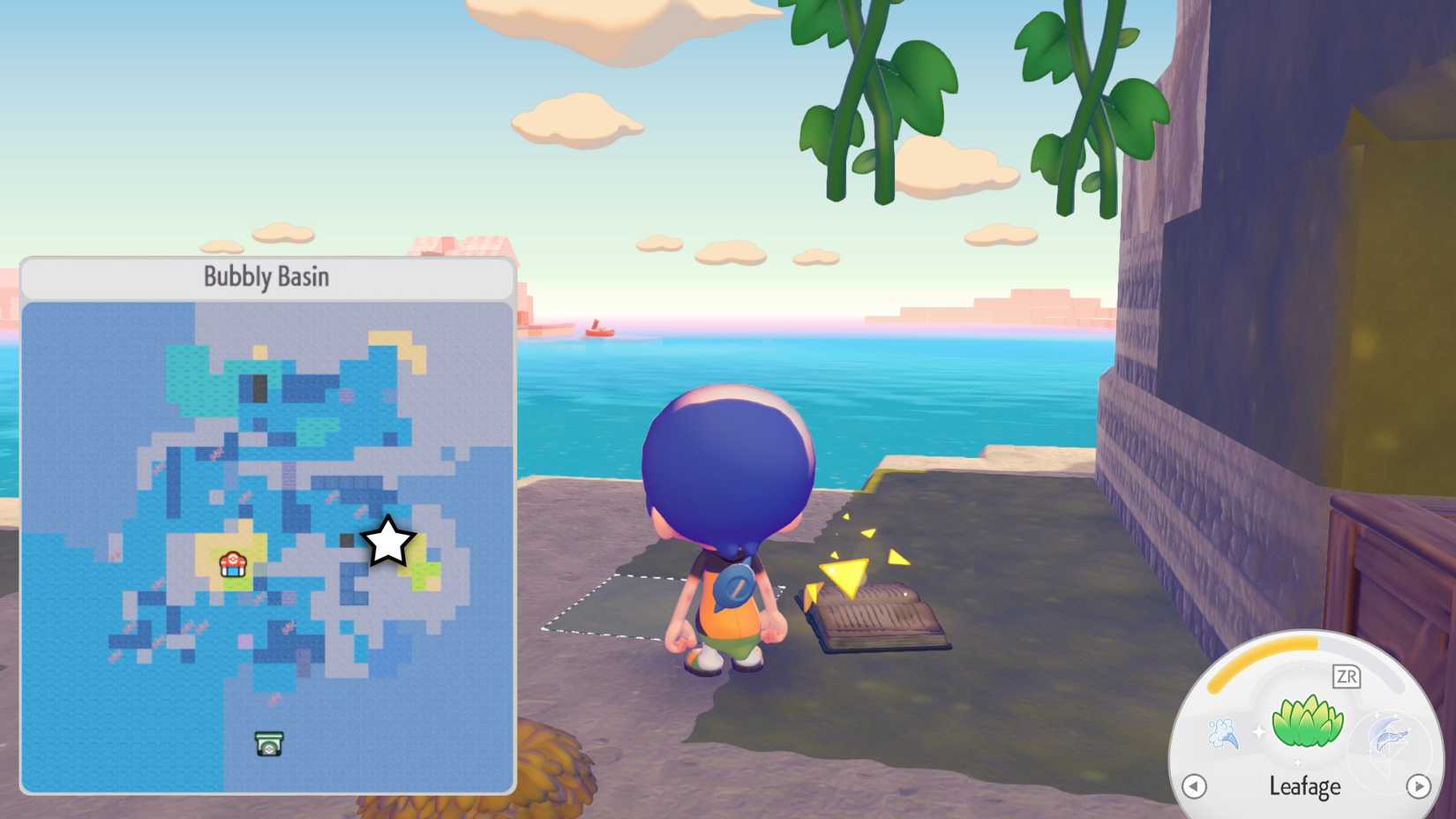 A Ditto stands next to a glowing book in a cave