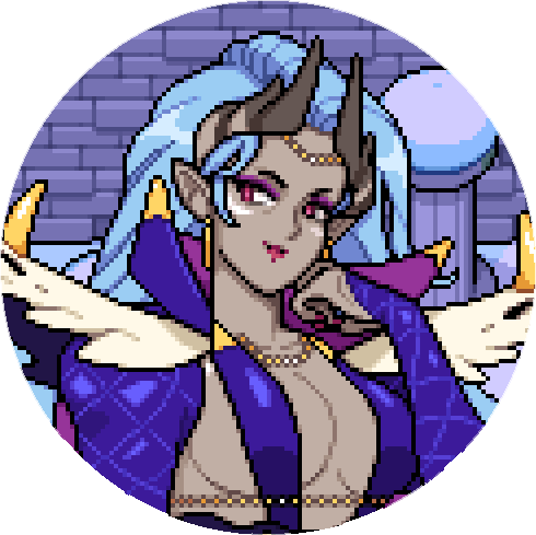 A dragon woman with blue long hair in Fields of Mistria