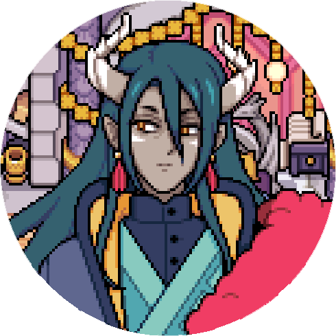 Caldarus, a dragon man with long dark teal hair in Fields of Mistria