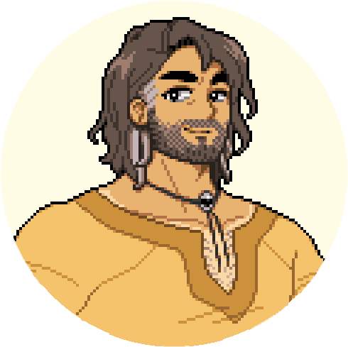 Hayden, a larger man with long brown hair and a beard in Fields of Mistria