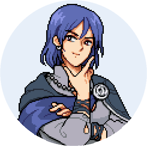 Balor, a blue-haired man, with shoulder-length hair in Fields of Mistria