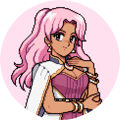 Adeline, a pink-haired girl in a cloak in Fields of Mistria