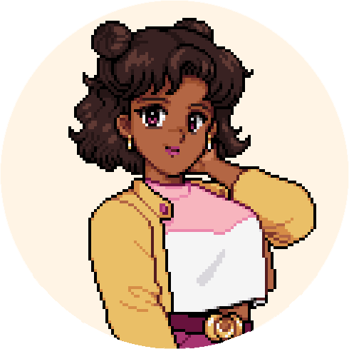 Reina, a brown-haired girl with space buns in a yellow jacket in Fields of Mistria
