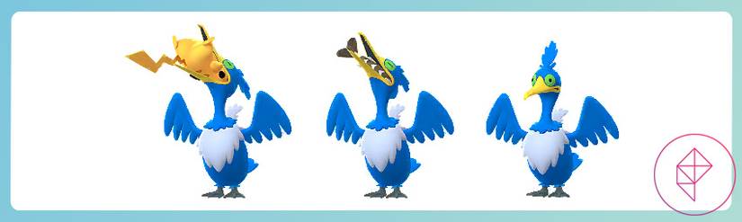 Cramorant in its three forms in Pokémon Go, showing it eating a Pikachu and Arrokuda.