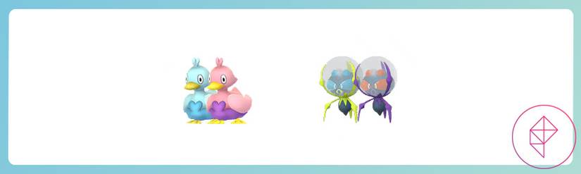 Ducklett and Dewpider with their shiny forms in Pokémon Go. Ducklett turns pink, and Dewpider turns purple and red.