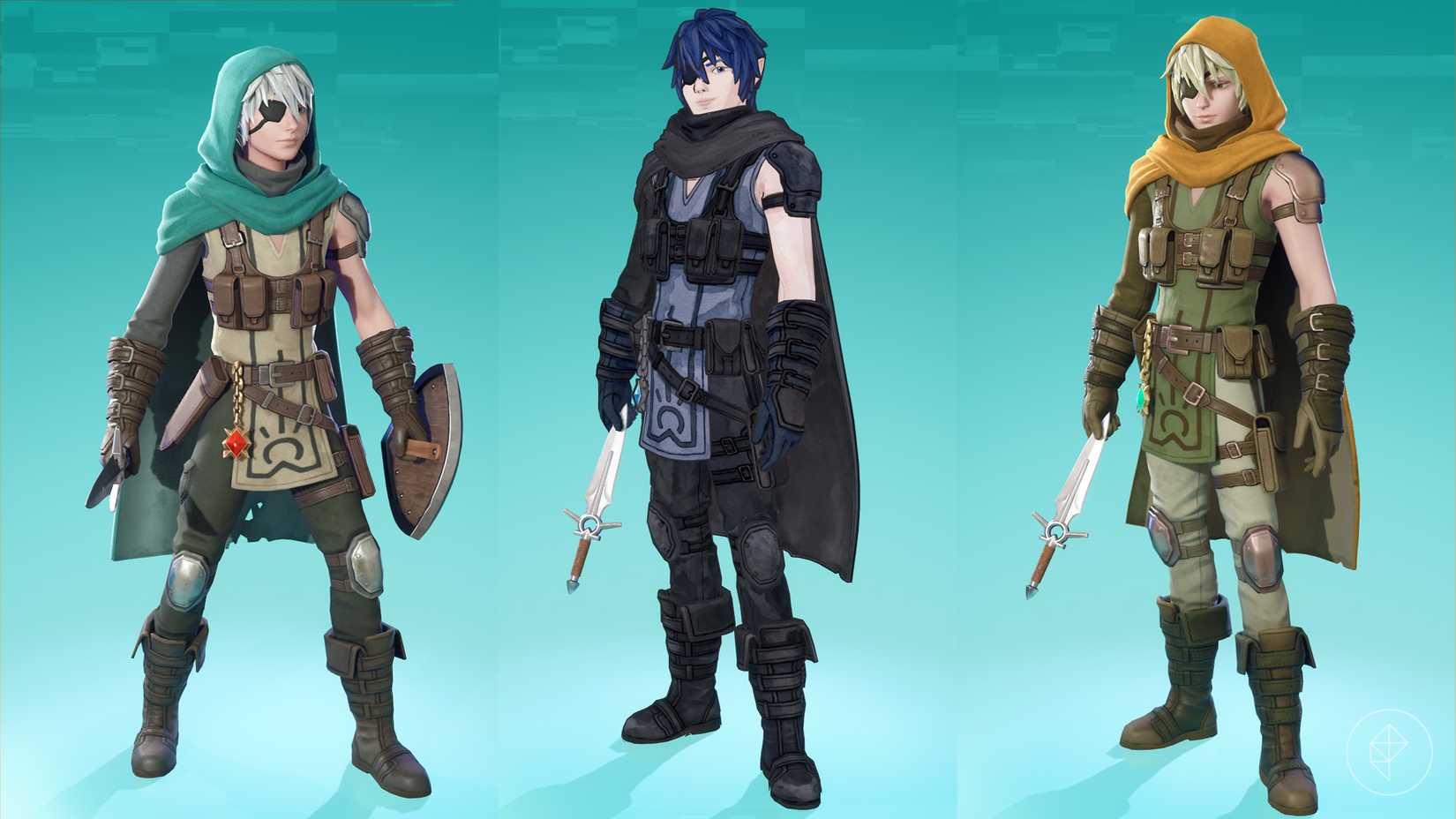 Bastian, a shaggy-haired adventurer in a hood, in various colorways in Fortnite