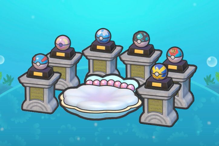 A mermaid-themed sofa surrounded by several types of rare Poké Balls on pedestals in Pokopia