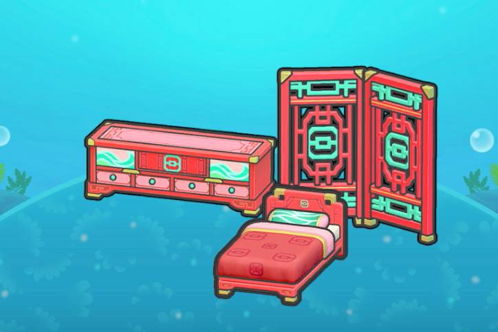 A red ornate furniture set, including a dresser, partition, and bed in Pokopia