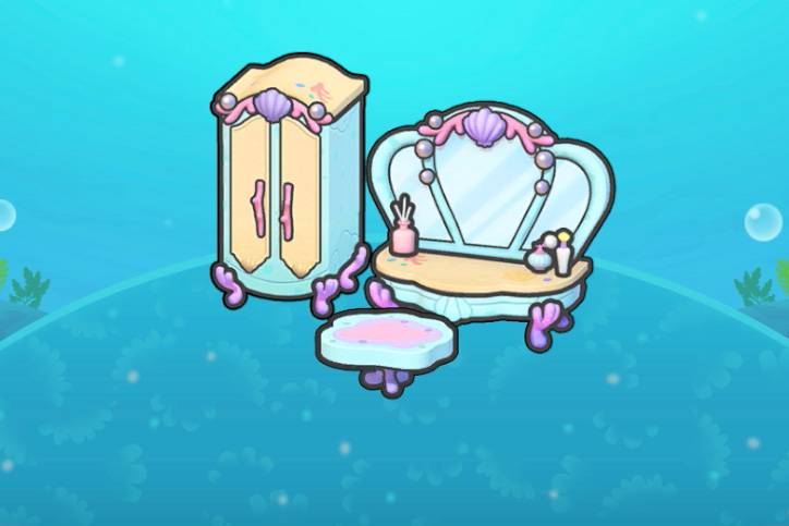A mermaid-themed furniture set, including a vanity, dresser, and chair in Pokopia