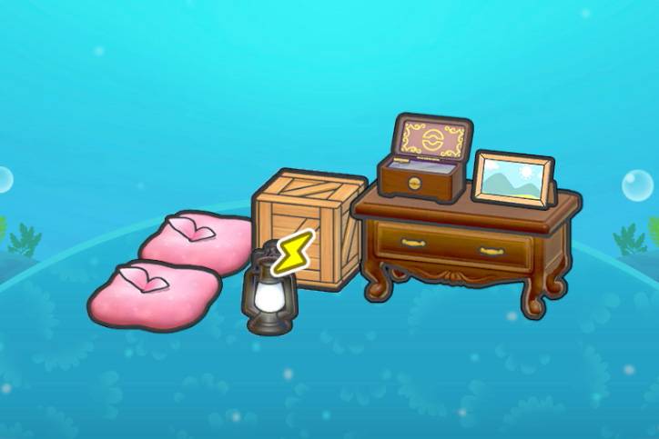 Some moss, a crate, and a lantern near an old dresser with what looks like a valuable box and picture frame on top in Pokopia