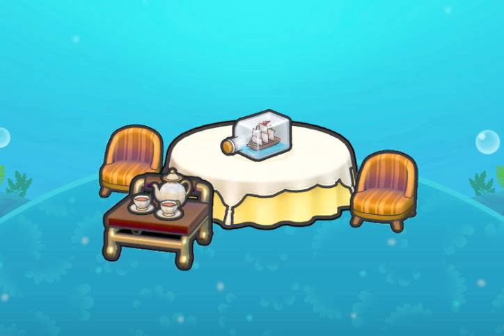 A table with a ship in a bottle on it, with two chairs and a serving cart in Pokopia