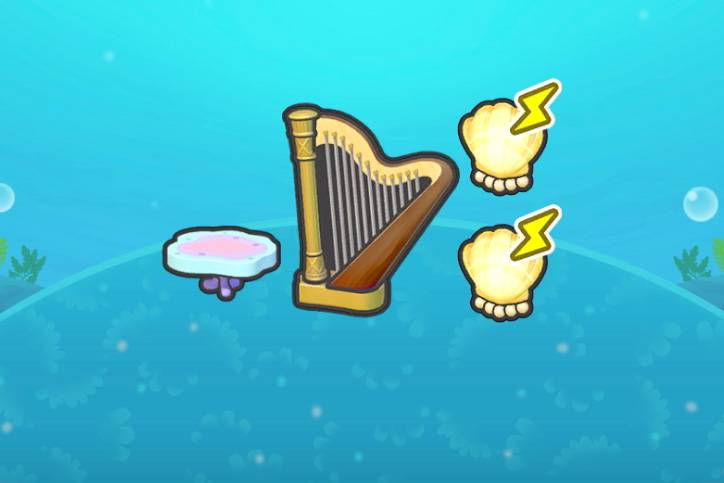 A harp next to a mermaid-esque chair and two shell-shaped lights in Pokopia