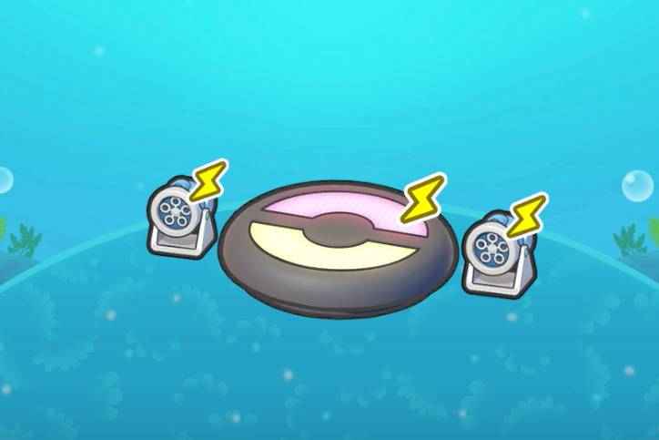 A Poké Ball-shaped stage between two bubble makers in Pokopia