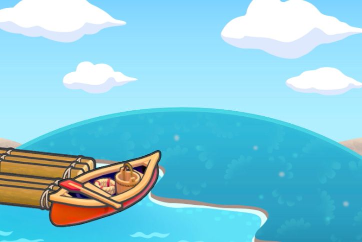 A canoe boat next to some wooden floating planks in Pokopia