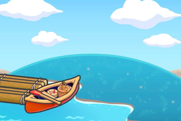 A canoe boat next to some wooden floating planks in Pokopia