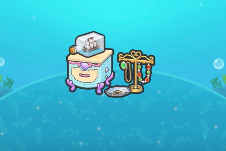A ship on a bottle on an aquatic-themed table near some jewelry in Pokopia