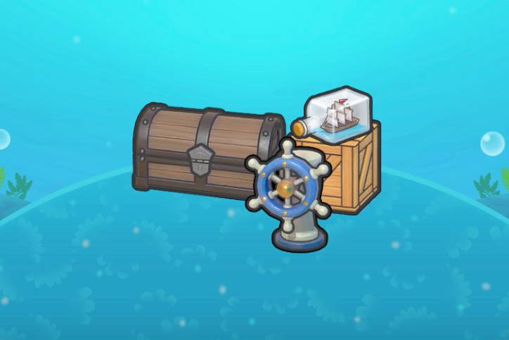 A treasure chest near a steering wheel and a ship in a bottle on a crate in Pokopia