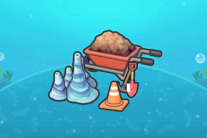 Pointy blue rocks near a traffic cone and wheelbarrow in Pokopia