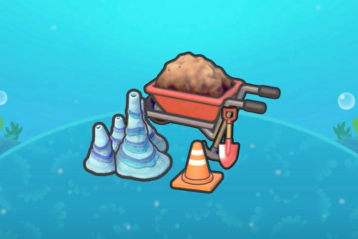 Pointy blue rocks near a traffic cone and wheelbarrow in Pokopia